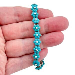 Vintage Sterling Silver 925 Turquoise Flower Bracelet 6.5"-8"